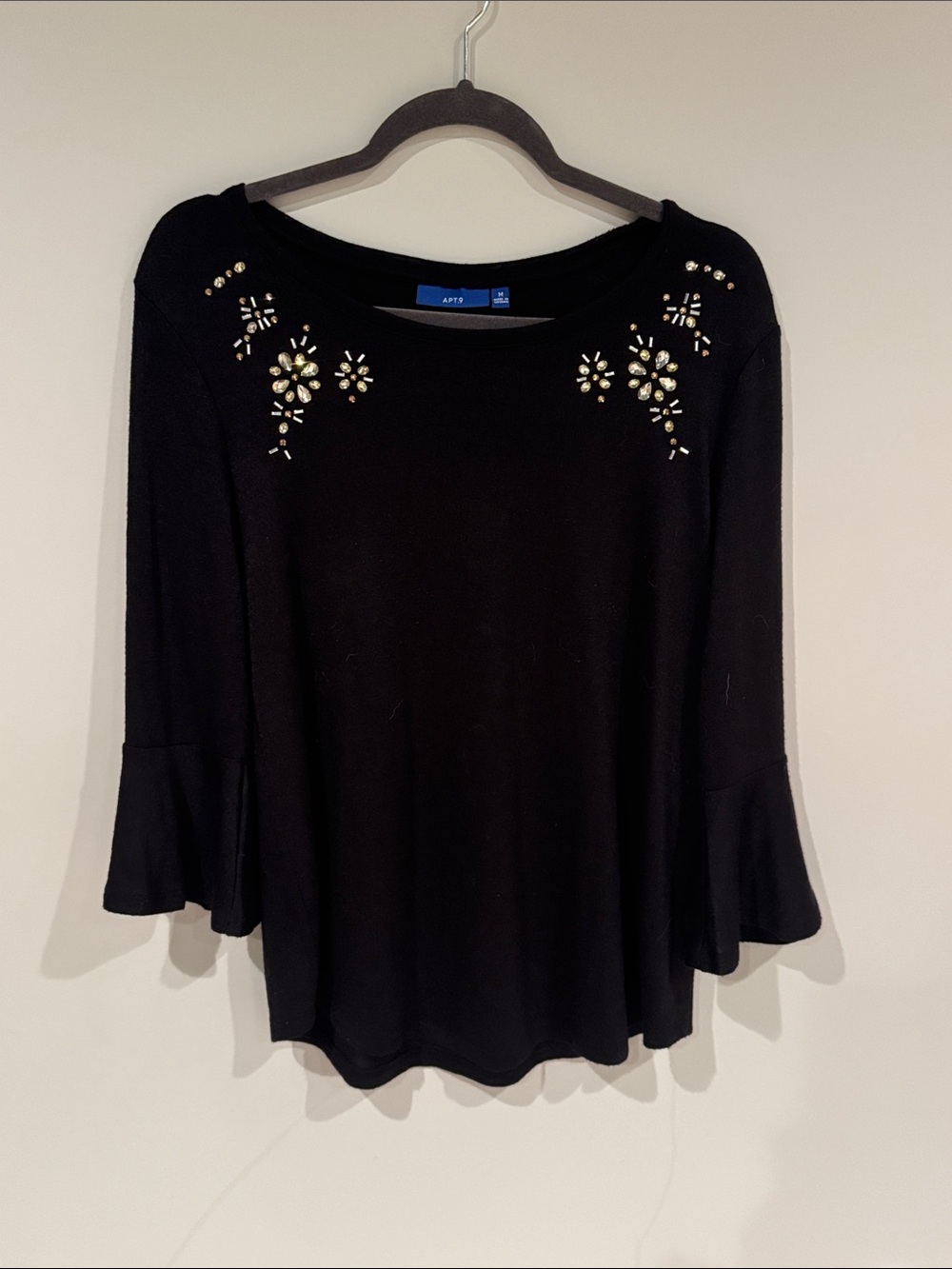 Apt. 9 Black Long-Sleeve Top with Jeweled Yoke and Bell Sleeves